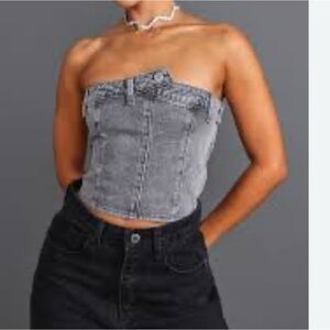 PrettyLittleThing Petite Grey Denim Button Detail Corset Top- Size 0